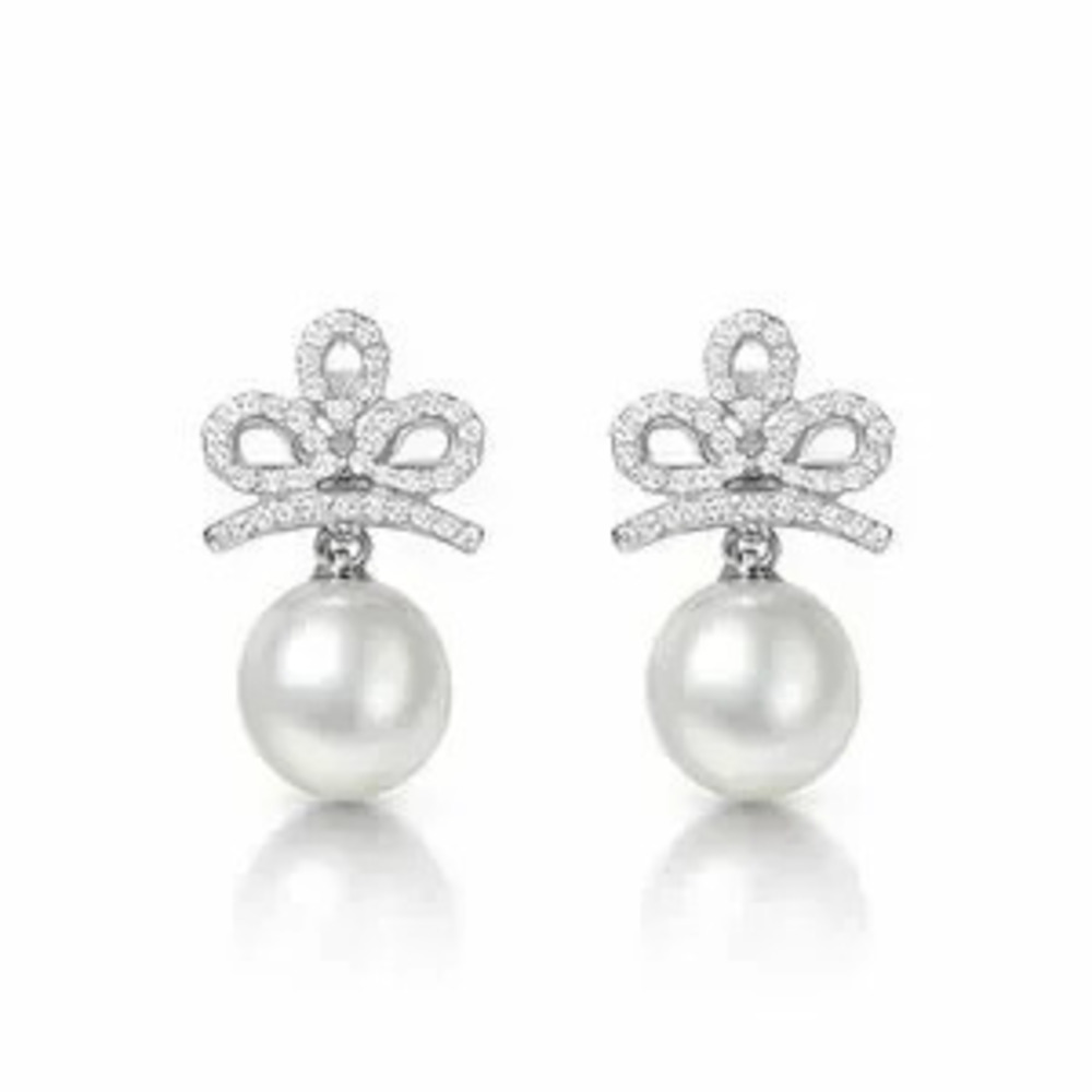 Chic Silver and White Pearl Earrings With Zirconia